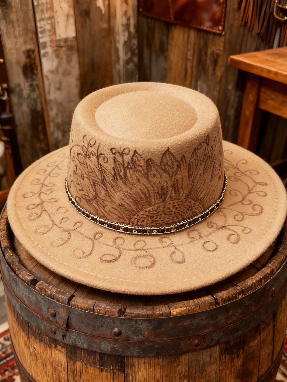 Engraved Tan Felt Western Sunflower Hat